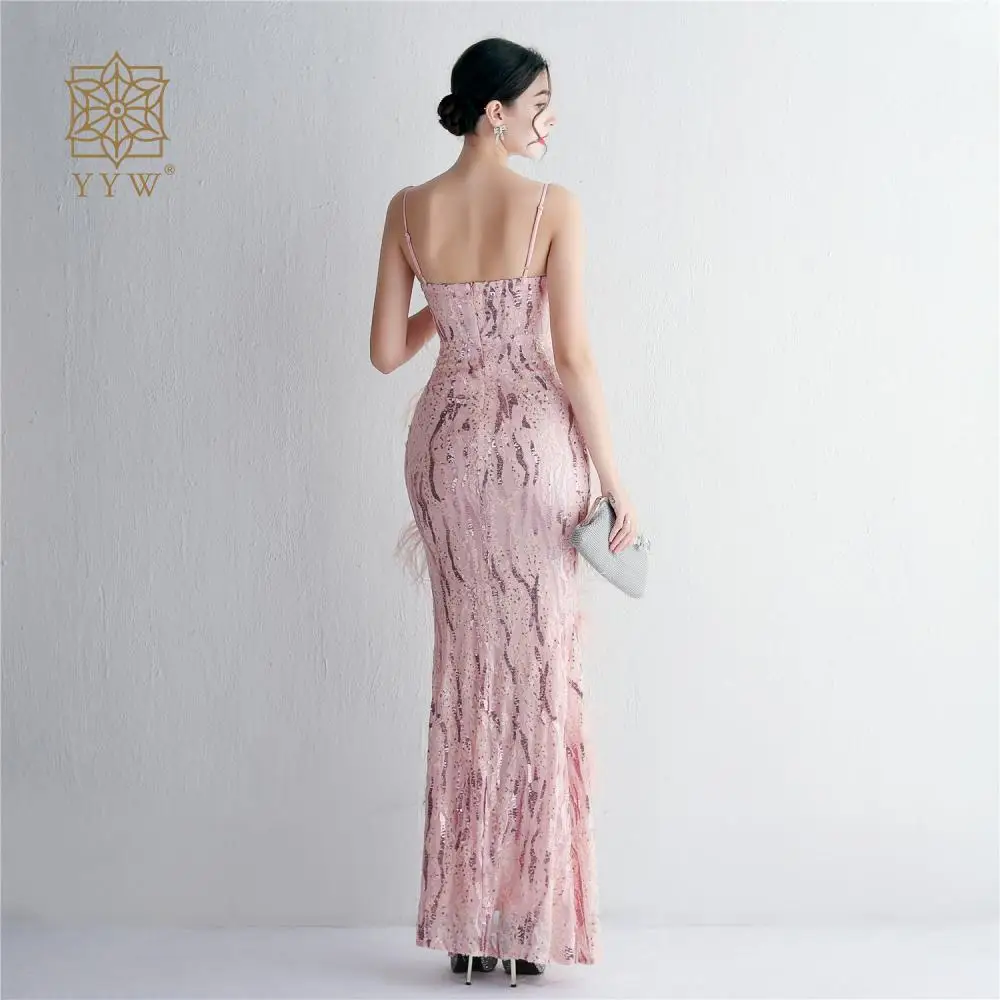 Spaghetti Strap Light Pink Women Evening Dress Mermaid Sequins Fairy Ladies Wedding Birthday Ball Gown Backless Feather Vestidos