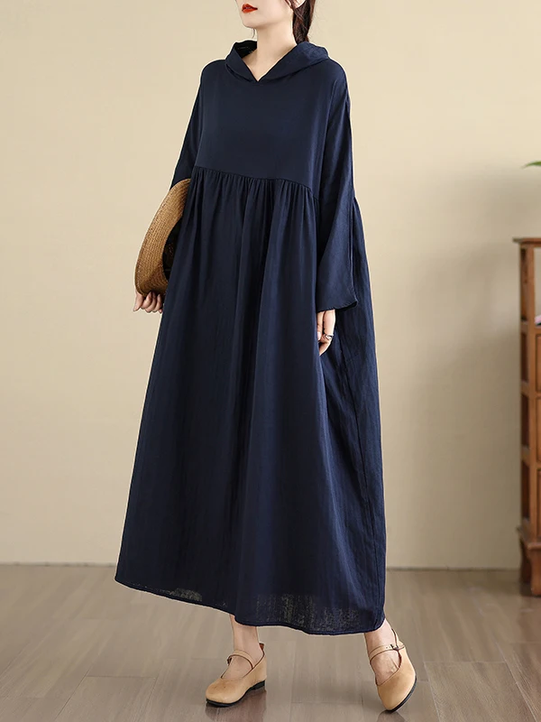 Retro Early Autumn Long Sleeve Double Layered Cotton Linen Gown Gentle Print Casual Loose Fit A-Line Dress for Women