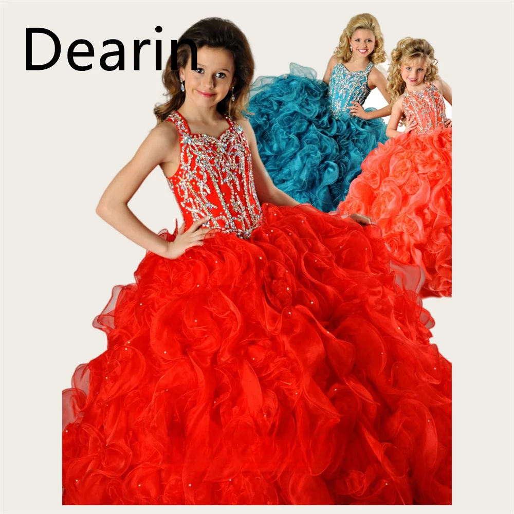 

Customized Flower Girl Dress Dearin Shoulder Girdle A-line Floor Length Skirts Tulle Sequin Dresses