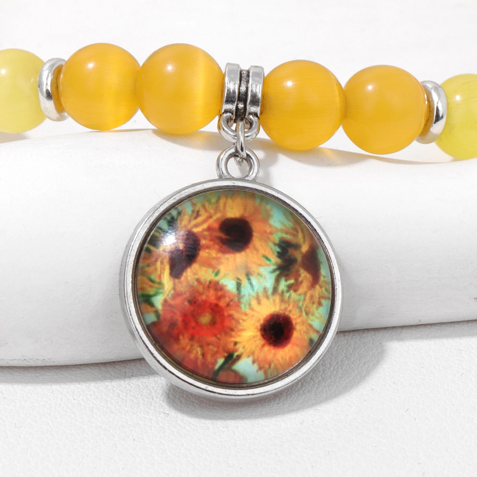 فان جوخ عباد الشمس سحر سوار القط العين حجر مطرز أساور ممتدة للنساء الرجال لوحات فنية سوار مجوهرات هدية