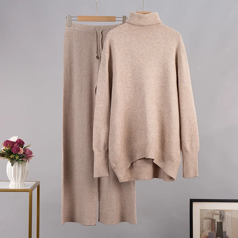 Solid Color High Neck Sweater+Wide Leg Pants Knitted Two-Piece 2024 Winter Versatile Loose Sweater Set