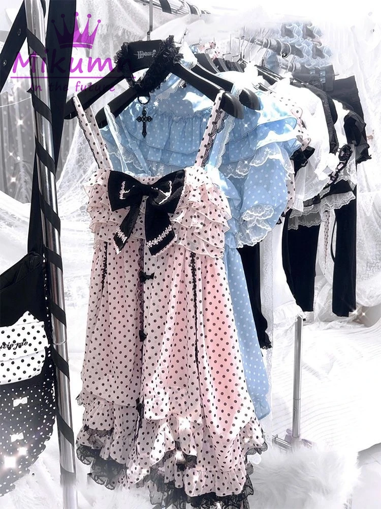 Mikumn Gothic Girls Vintage Pink Polka Dot Dress Harajuku Japanese Y2k Black Bow Kawaii Women Sleeveless Strap Mini Dresses
