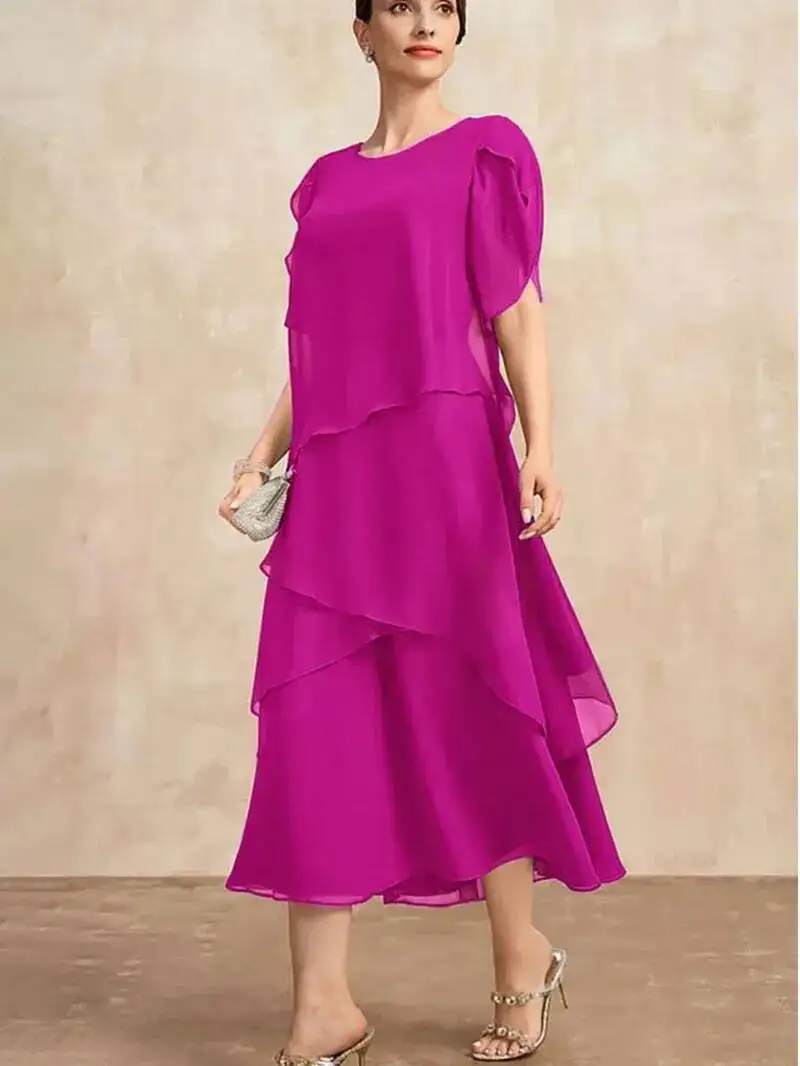 Abito da donna in chiffon manica corta elegante o-collo solido partito irregolare manica a petalo a strati moda estiva maxi abito KOT8