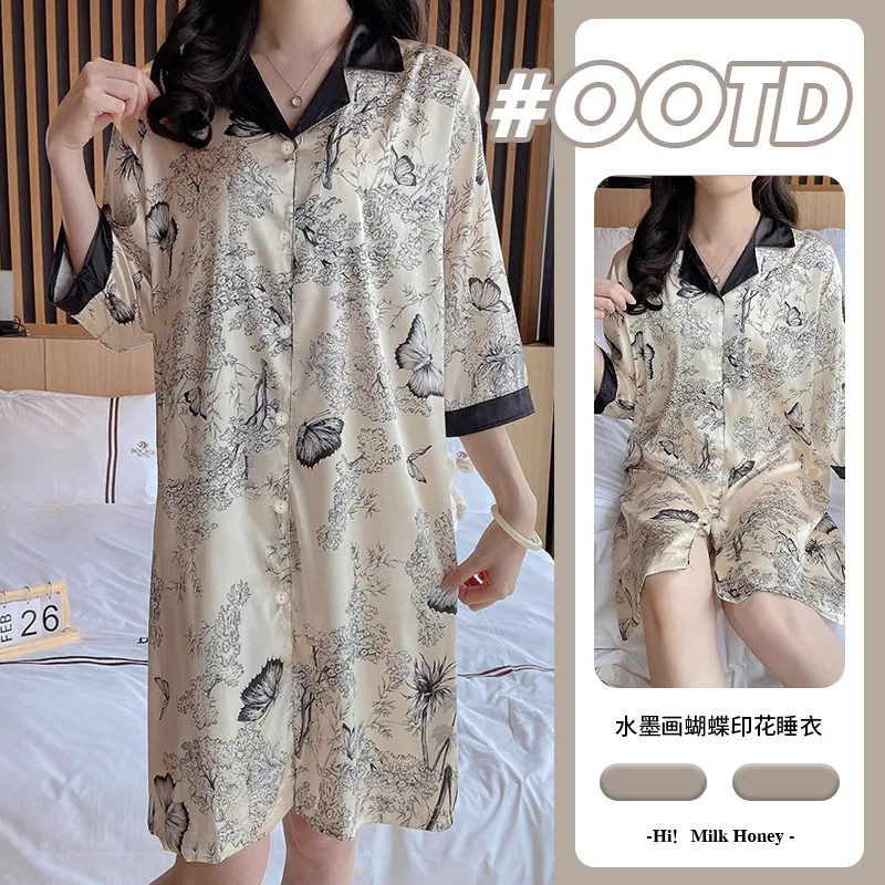 Summer Butterfly Print Nightgown Comfortable Loose Women Home Clothes Ink Wash Style Floral Printed Satin Silk Night Gown