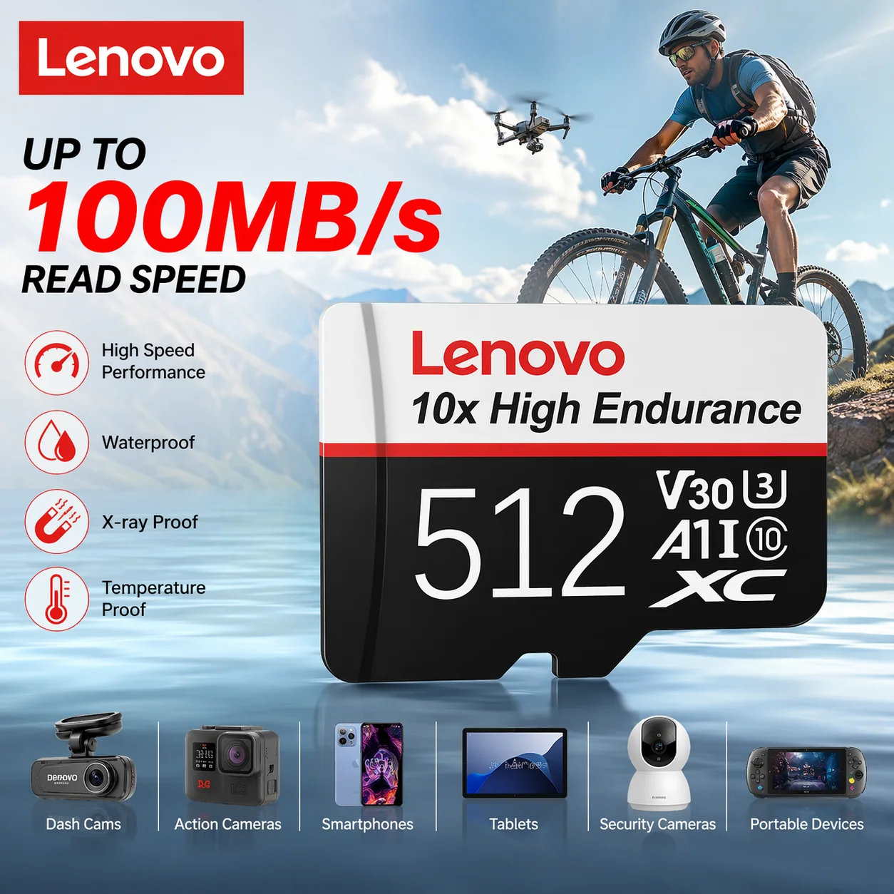 Lenovo High Speed Micro TF SD Card 64GB/128GB/512GB for DJI Mavic Drone 4K Recording Memory Card Class 10 U3 V30 with Adapter