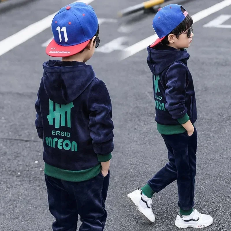New Double-Sided Plush Boys Clothing Set Autumn Winter Warm Letter Suit For Kids 3-10 Years Children Clothes