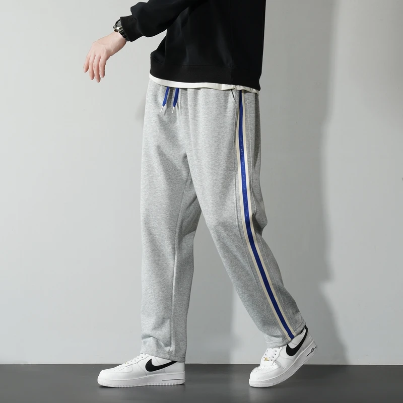 Spring Autumn Men's Striped Pockets Solid Elastic High Waisted Casual Straight Tube Loose Fitting Sporty Trousers Fashion Pants