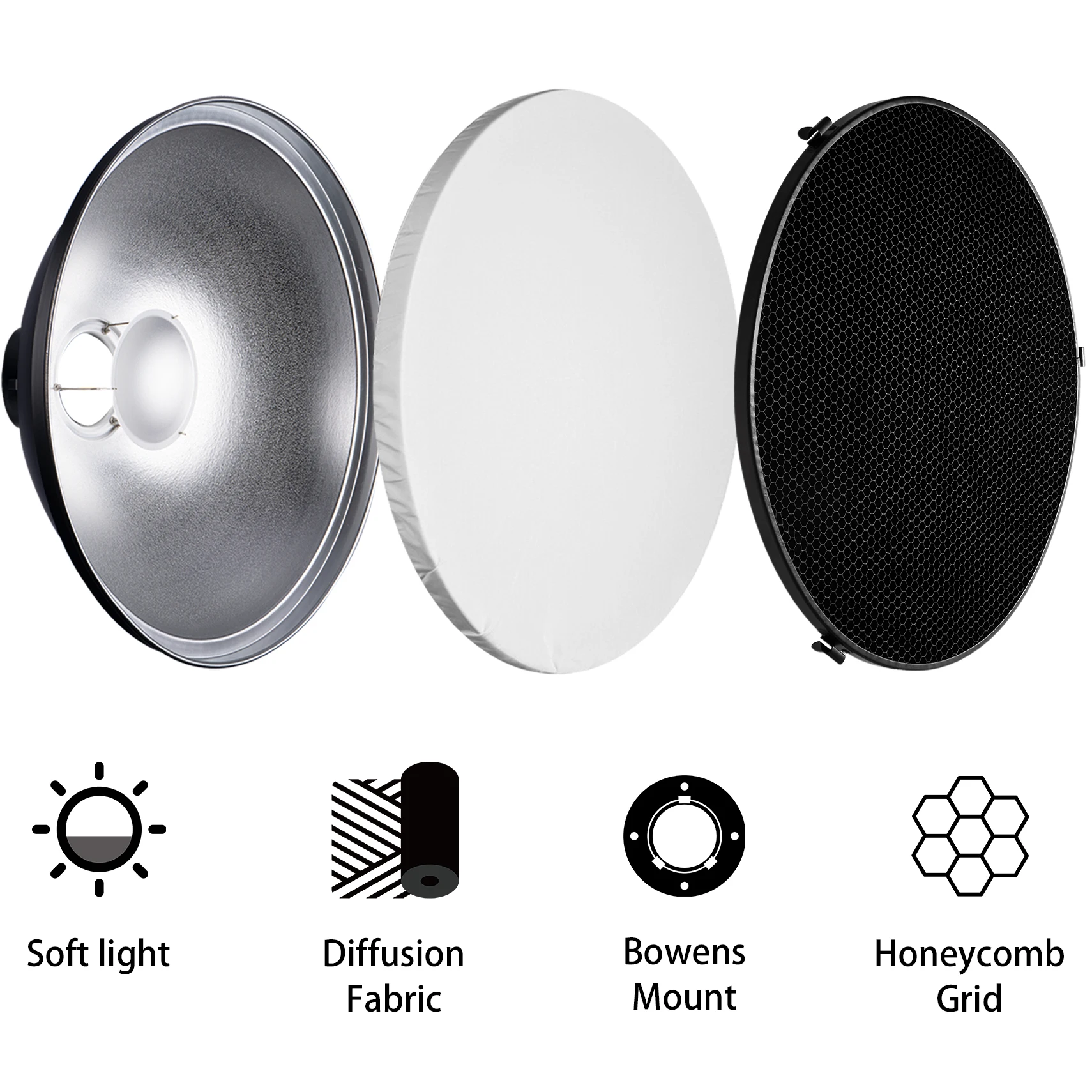 Réflecteur Beauté Selens 30/42/55cm avec Grille Nid d'Abeille + Kit Diffuseur Blanc pour Flash de Studio à Monture Bowens