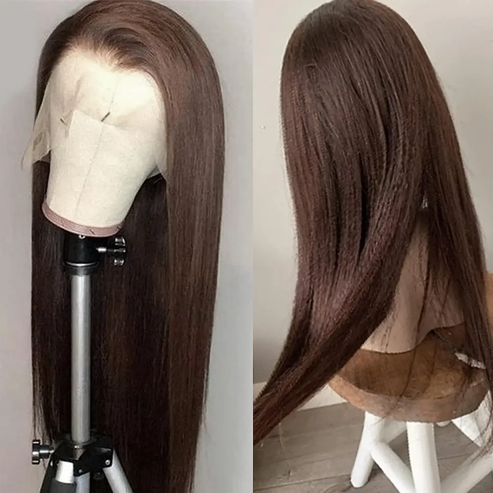 Brown 180Density Long Soft 26Inch Silky Straight Lace Front Wig For Women BabyHair Heat Resistant Glueless Preplucked Daily Wig