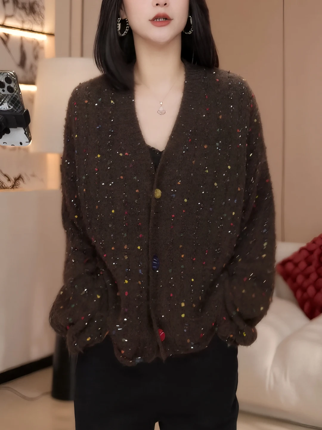 

Модный вязаный топ с V-образным вырезом и эффектом многослойности, кофейного цвета, женская вязаная верхняя одежда в корейском стиле для осени и зимы