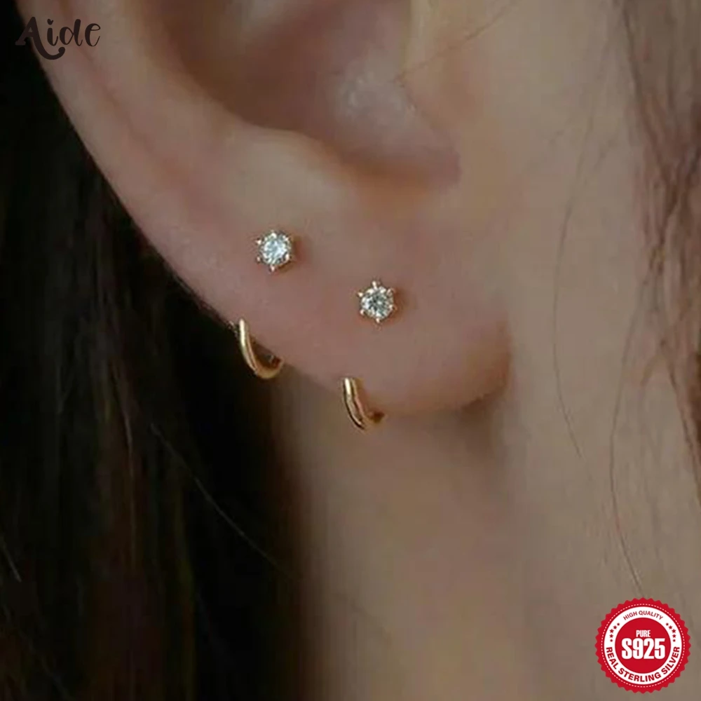 

Aide S925 Sterling Silver 18K Gold Plated Round CZ Prong Stud Earrings Tiny Cartilage Studs Jewelry for Women Daily Wear