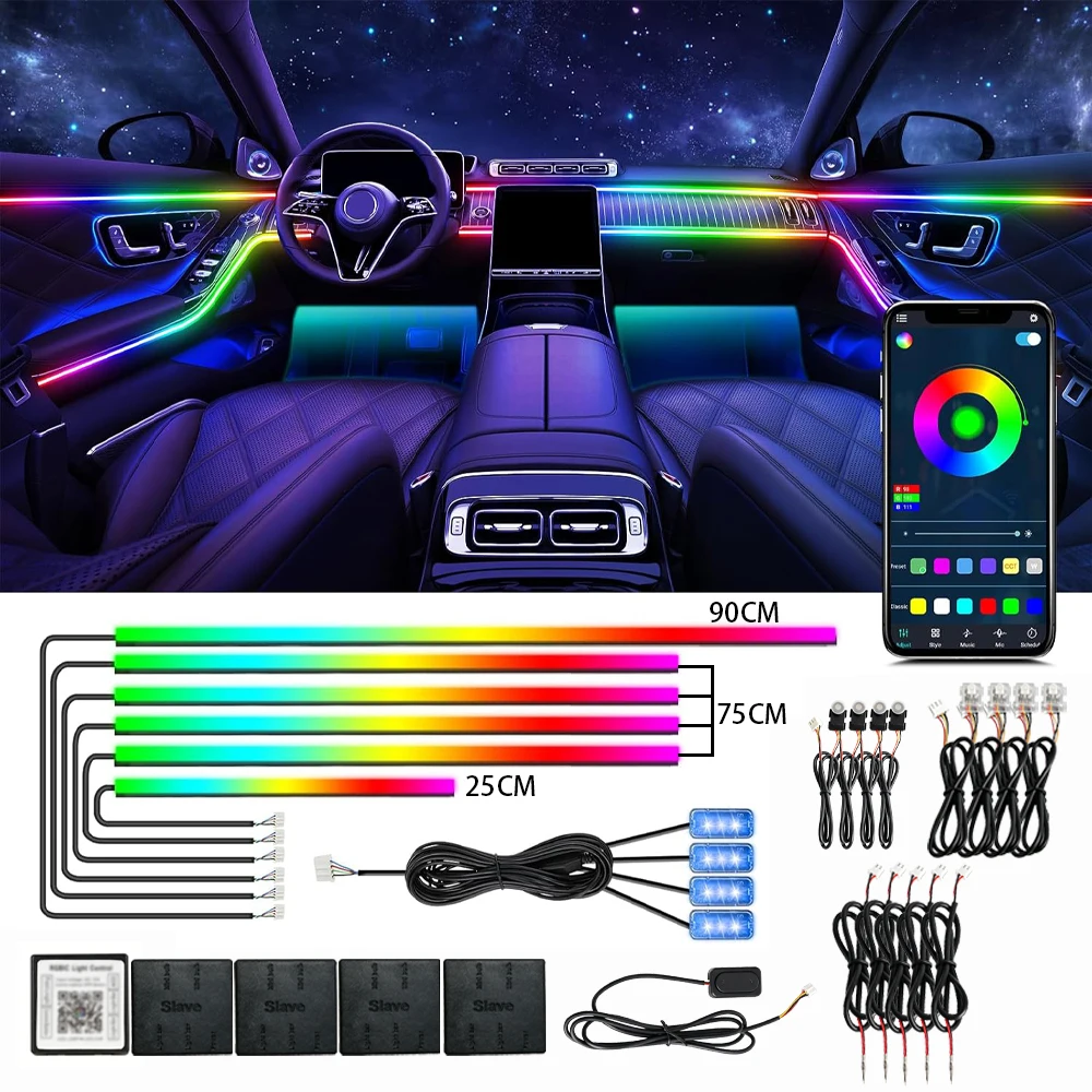 Image of 18-in-1 Auto-Ambientebeleuchtung RGB 213 Farben Vollfarbiger LED-Streamer für den Innenraum, versteckte Acrylstreifen, Symphonie-Atmosphärenlampe