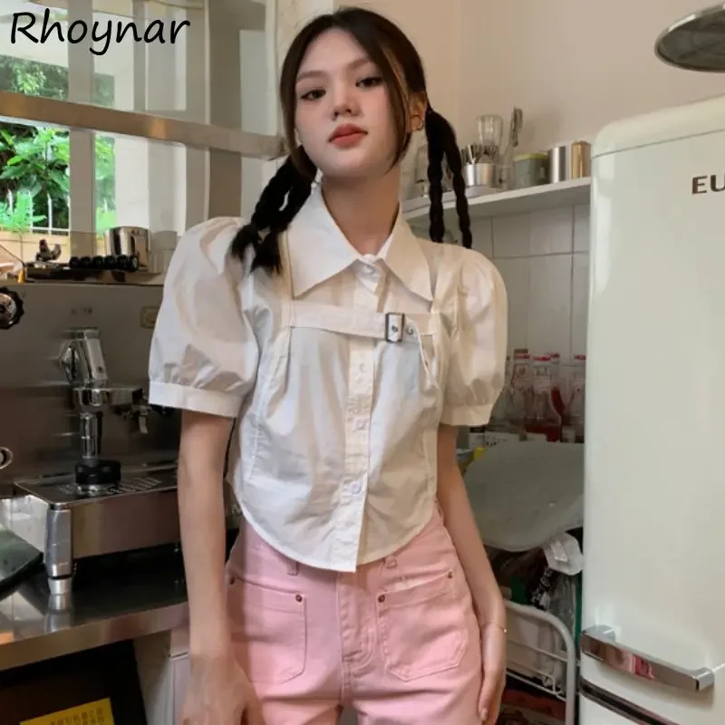 

Crop Shirts Women Puff Sleeve High Street European Fashion Minimalist Y2K Clothes Chic Preppy Camisas Sexy Hotsweet Irregular