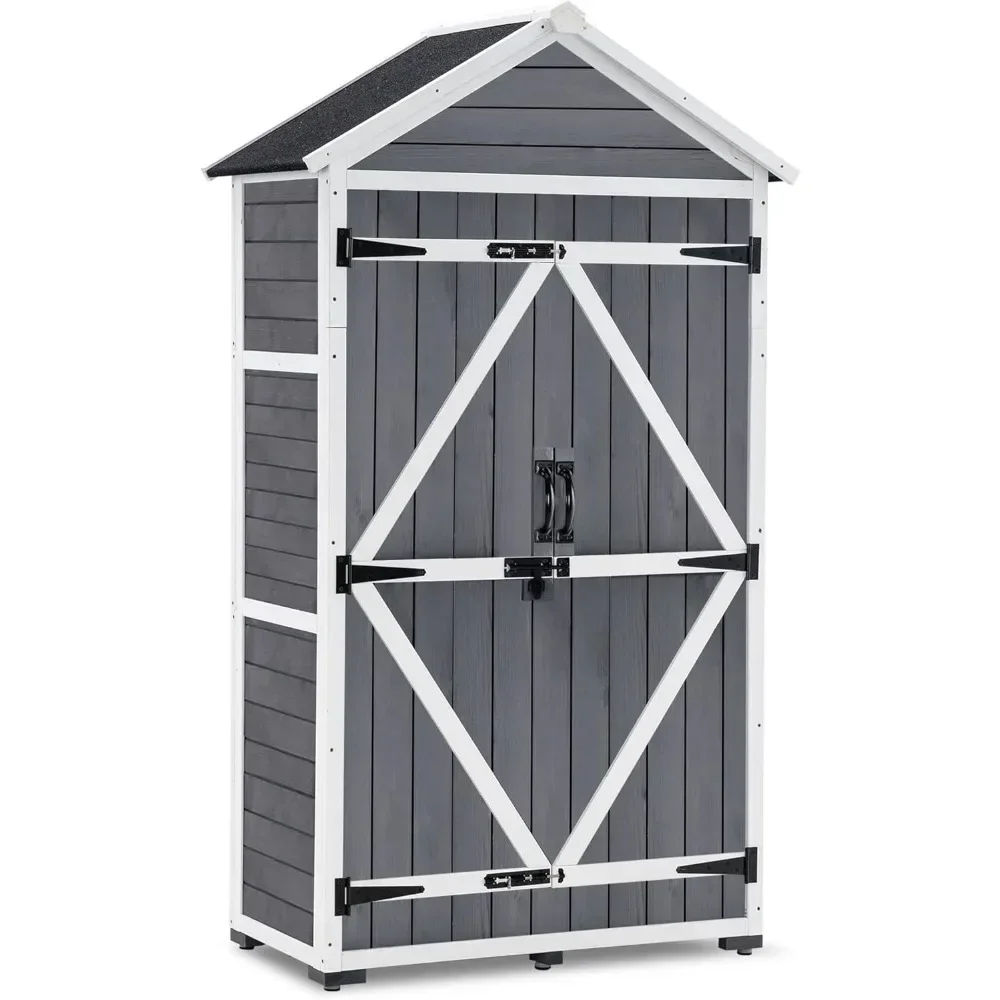 Outdoor storage cabinets, garden wooden tool sheds, outdoor wooden shed closets with shelves and latches