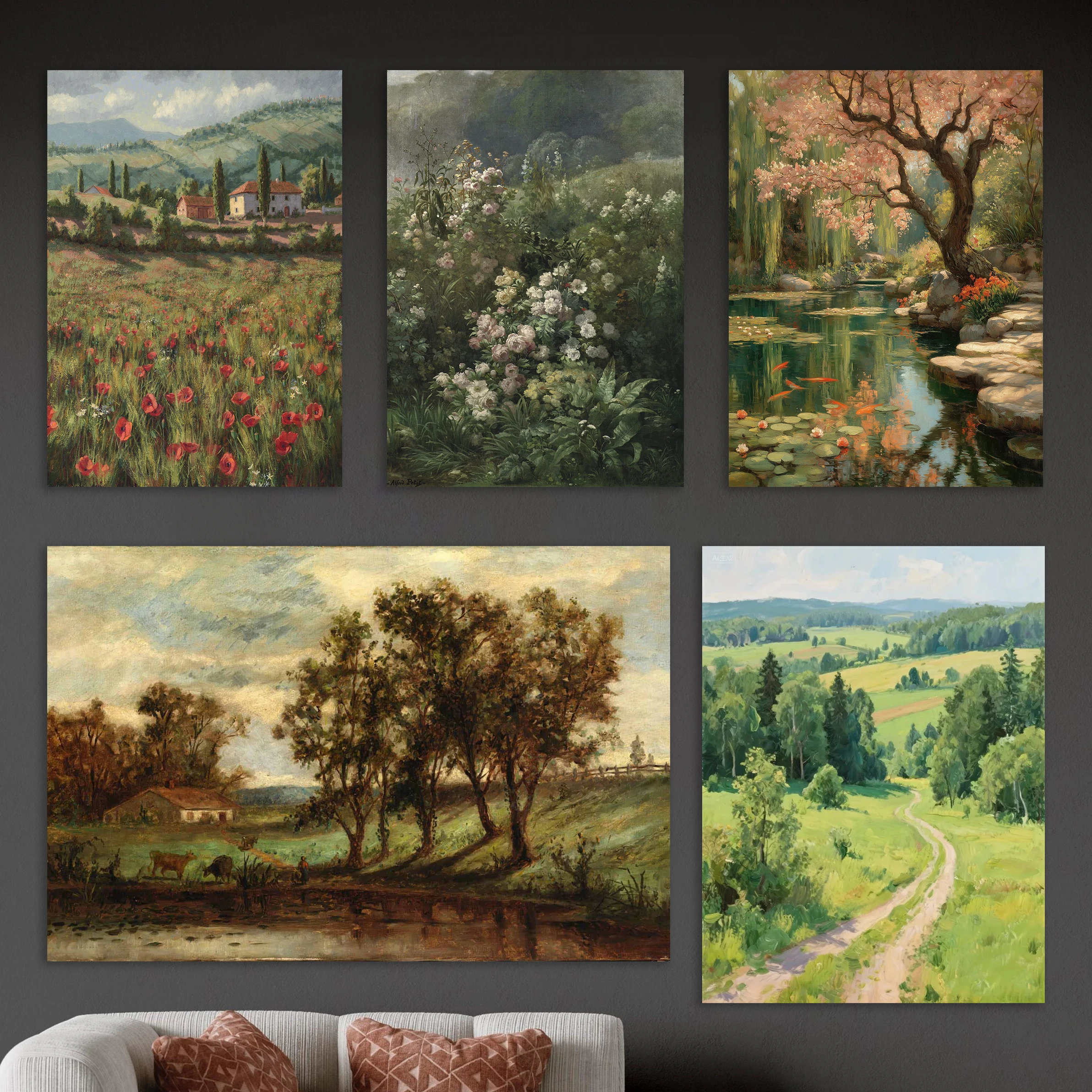 Affiche d'art vintage avec imprimés de bassin à carpes koï et de fleurs de cerisier, paysage printanier, décoration murale de jardin oriental paisible