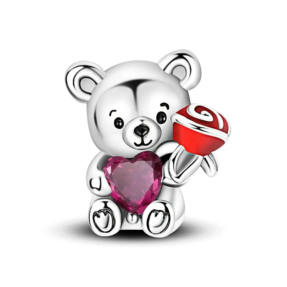 

925 Sterling Silver Charm Qute Bear With Heart Rose Fit Bracelet Bead Diy For Girl Fashion Jewelry Birthday Gift