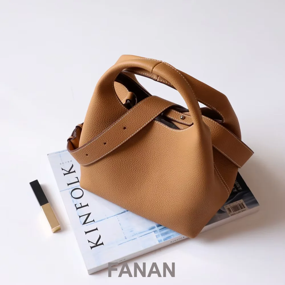 2026 New Genuine Leather Bucket Bag, Large Capacity Basket Tote, Women Top Handle Handbag, Detachable Wide Strap Crossbody Purse