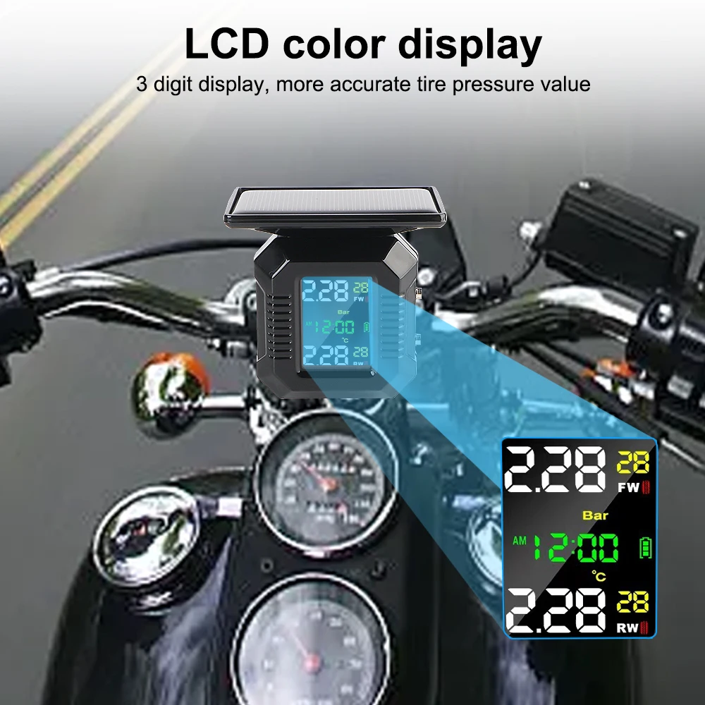 Intelligent M10 With Clock 2 External Sensors Solar TPMS Temperature Warning Fuel Save Motorcycle Tyre Pressure Monitor