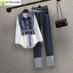 Spring and Autumn Women's Set New Korean Edition Slimming Fashion Age Reducing Shirt Pop Street Jeans Two Piece Set