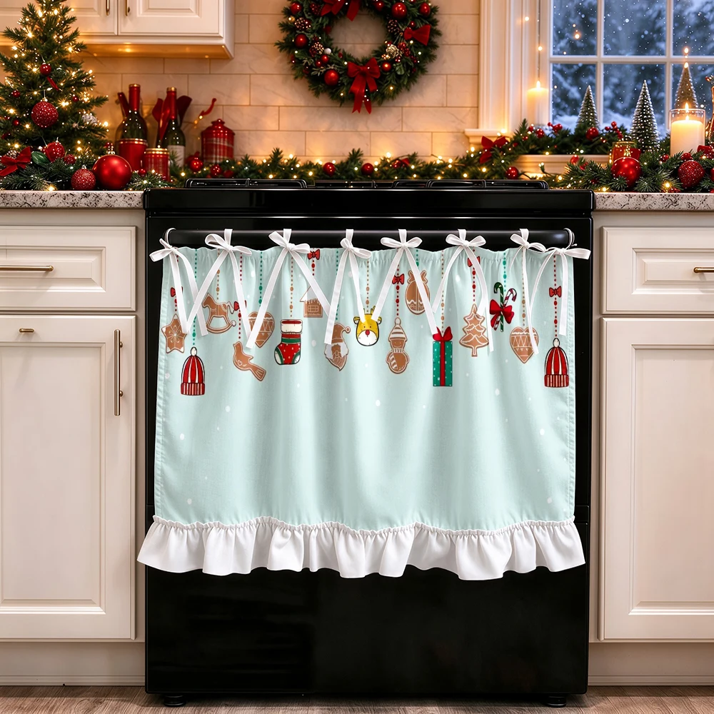1PC Christmas Tie Up Kitchen Curtain, Light Blue Christmas Ornament Hanging Tags, Digital Print, Kitchen Dining Room, Home Decor