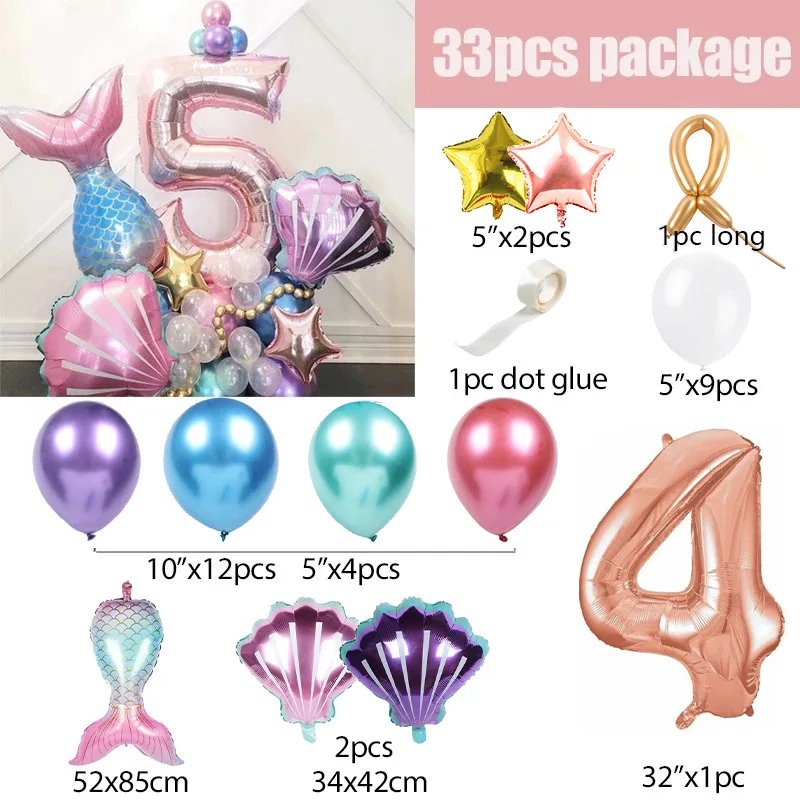 33-teiliges Ballon-Set mit Meerjungfrauenschwanz, Roségold, Zahlenfolienballon, Säulen-Set für Kindergeburtstag, Party-Dekoration, Meerjungfrau-Party, Globos – Detail 4