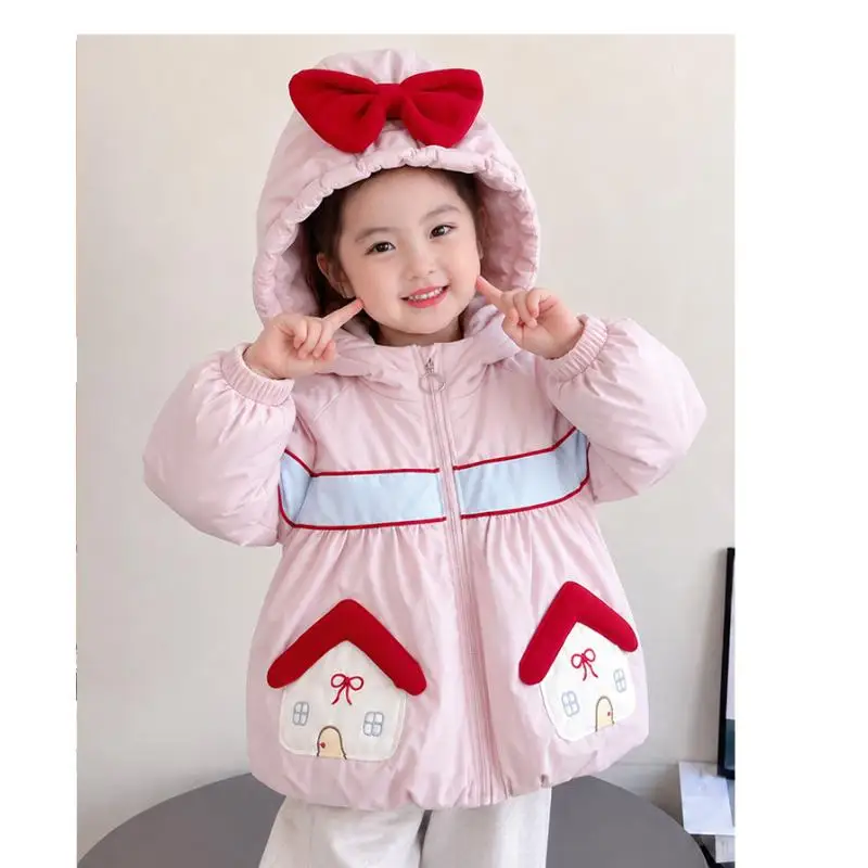 Girls' hooded bow cotton jacket girls' autumn and winter new item thick cotton jacket children's warm jacket down jacket tops