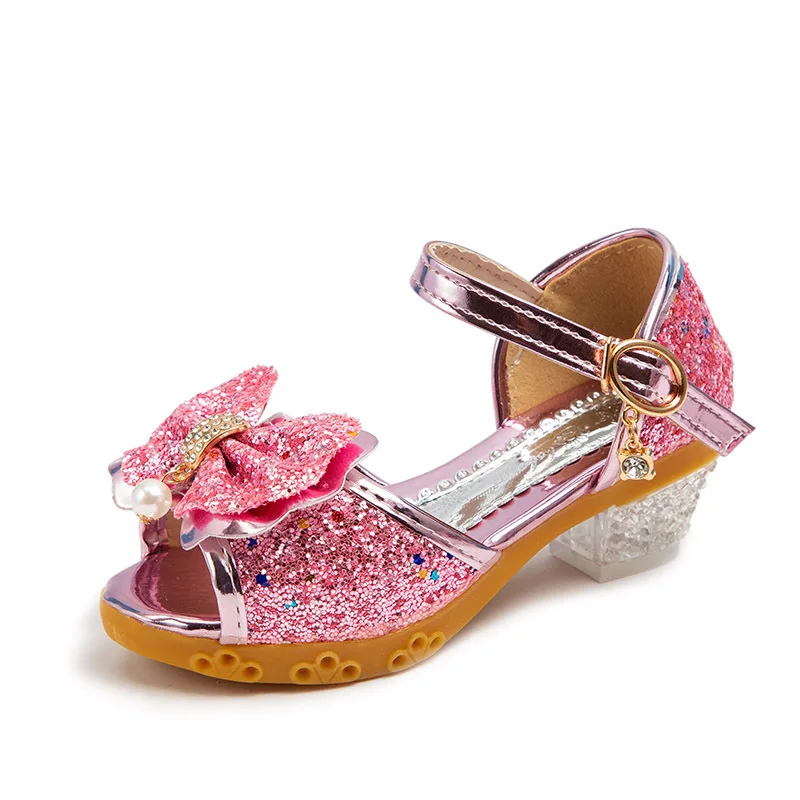 Children's Shoes 2023 New Autumn Casual Glitter Bowknot Children High Heel Girls Shoes Fashion Princess Dance Party Sandals