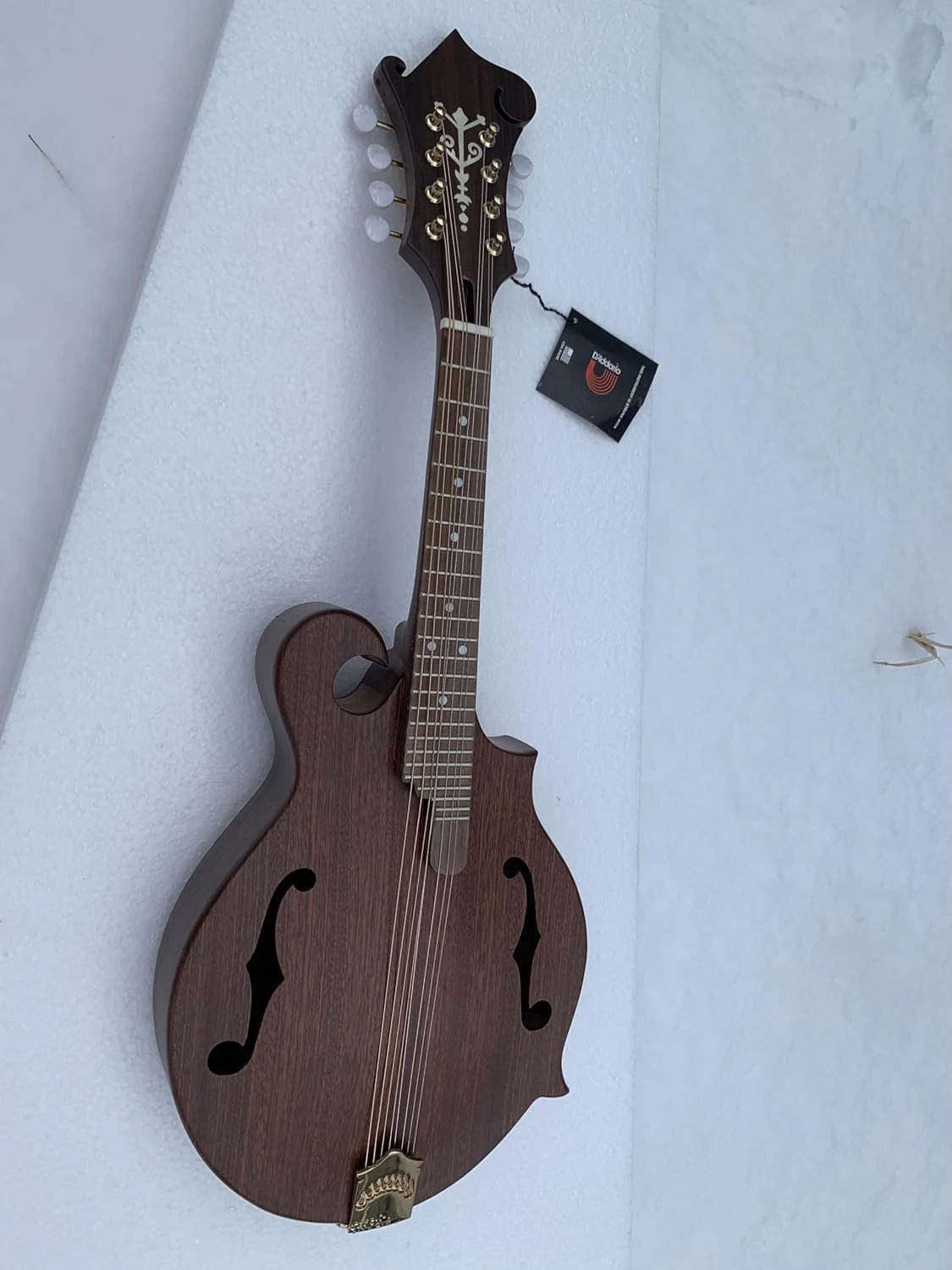 

Custom Hand Carved F style Mandolin, Spruce plywood Top, Flame Maple Plywood Back, Vintage Brown Body Color With Golden-Colored