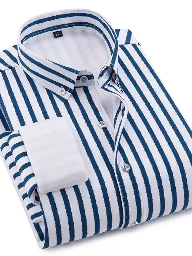 Inverno novo estilo na moda de pelúcia grosso quente listrado camisa para masculino casual solto esportes tamanho grande alta qualidade camisa manga longa