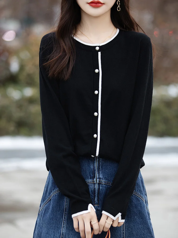 Women O-neck Pearl Button Wool Cardigan Spring Autumn Office Lady Grace Basic Soft Sweater 30% Merino Wool Knitwear Female Cloth