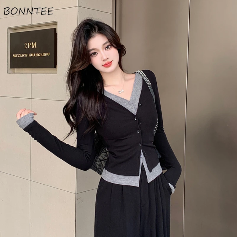 Long Sleeve Shirts Women Panelled Fake 2pcs Single Breasted Casual Ins V-neck Slim Fit Autumn Inner All-match Daily Fashionable