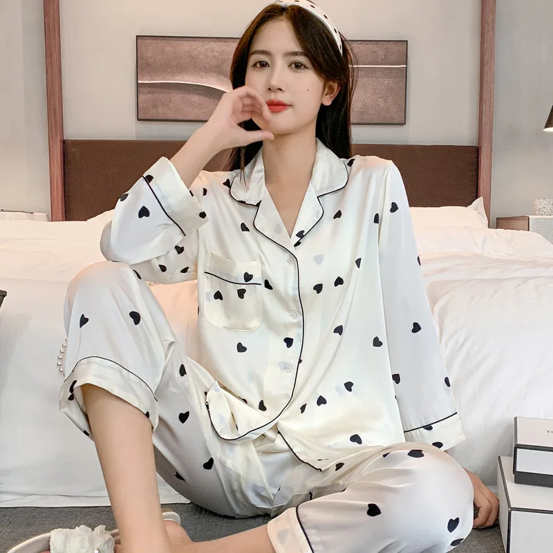 Women Spring Autumn Two Pieces Sets Pajamas Long-sleeved Trousers Lapel Cardigan Homewear Thin Loose With Dot Ice Silk Homecloth