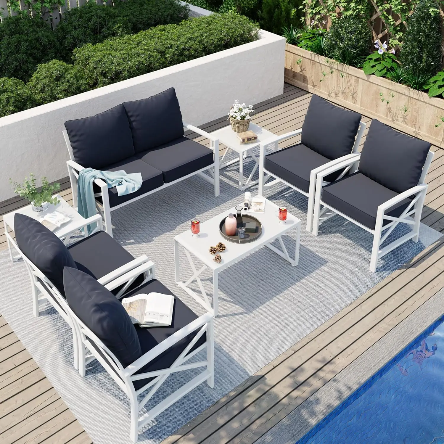 Loveseat-muebles de exterior pequeños con cojín profundo, sofá y mesa, juego de sofá de Metal exterior para balcón, patio