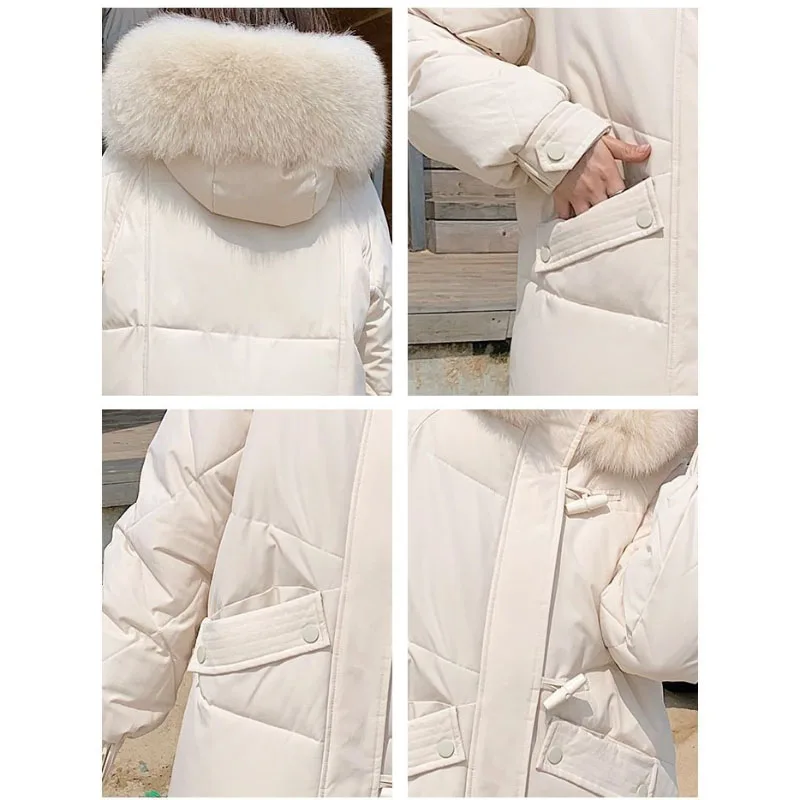 2026 Women's Winter Thickened Parka Coat Horn Buckle down Cotton-Padded Long Loose Warm Jacket with Large Fur Collar And Hood