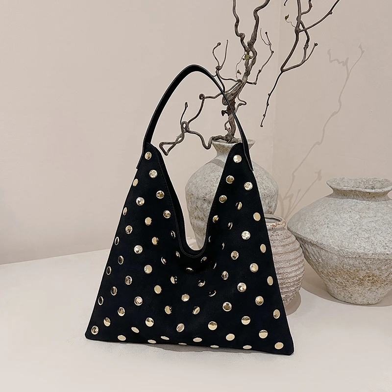 

Punk Gold Studded Canvas Tote Bag Large Hobo Shoulder Bag Y2K Streetwear Underarm Handbag for Daily & Party