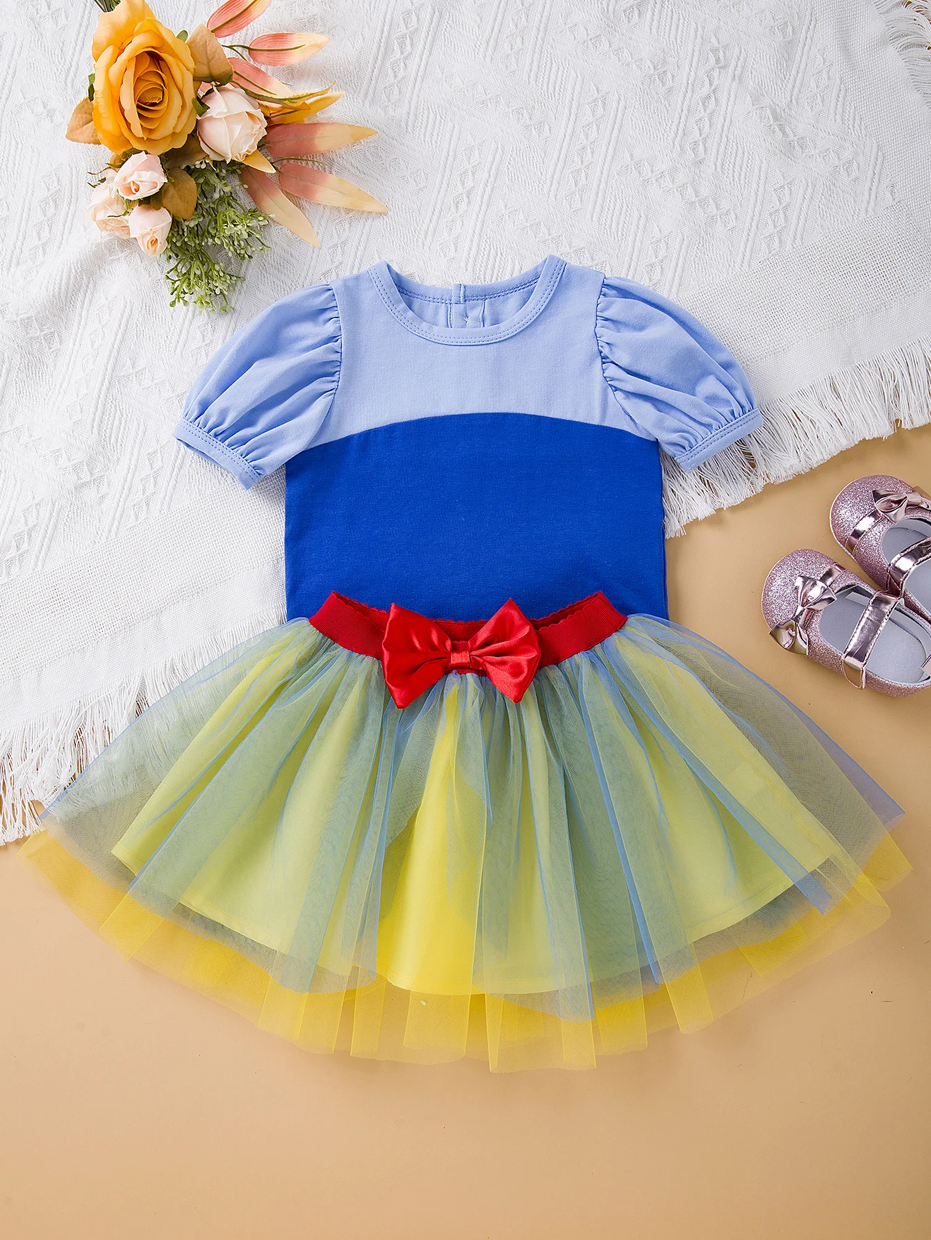 Baby Girl Spring Summer New Arrival Puff Sleeve Color-blocked T-shirt+Mesh Skirt Set Contrast Bow Decor Cute Daily Kids Outfit
