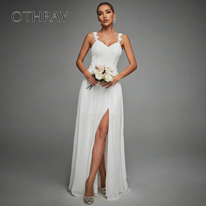 Spaghetti Straps Lace A-line Bridal Gown Sleeveless Pleated Split Chiffon Floor Length Customized Vestidos De Novia