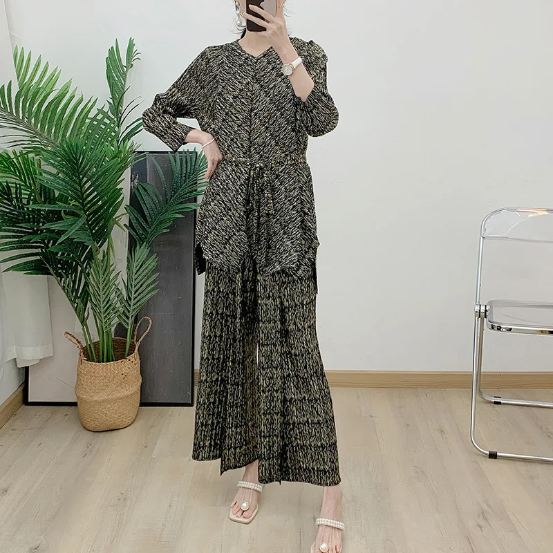 Miyake Pleated Early Fall New Suit Women's Solid Color Loose Fashion Slim Long Top + Pants Two-piece Set