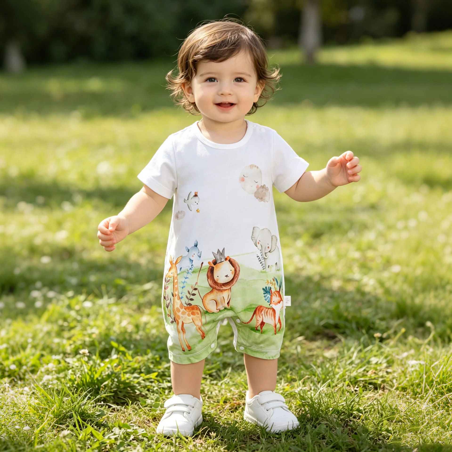 Baby Romper Watercolor Animal/Circus/Dinosaur Print Infant Short Sleeve Jumpsuit