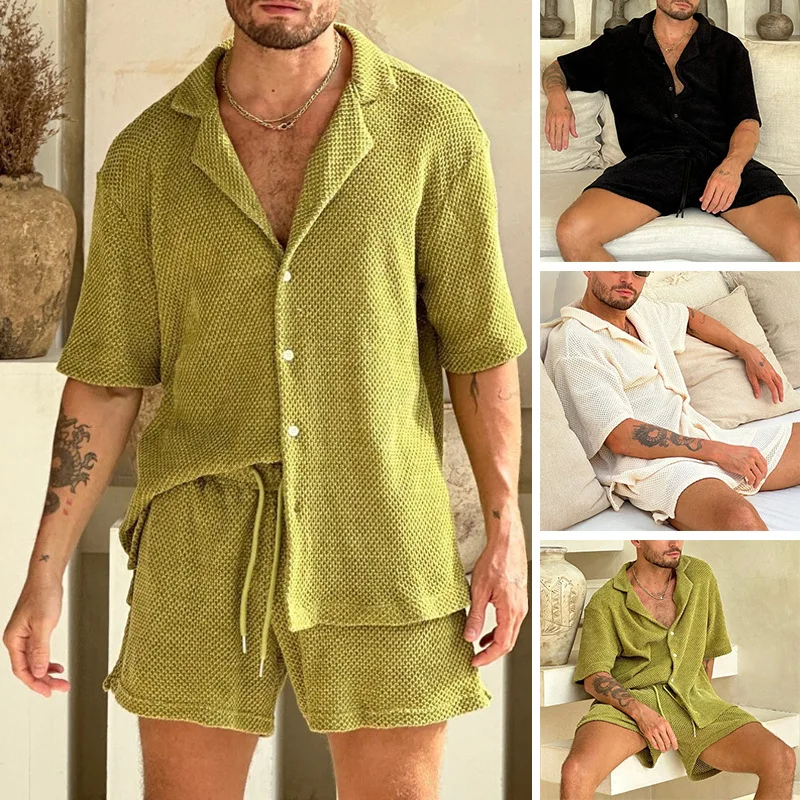 2025 Summer New Casual Suit Slim Fit Lapel Short Sleeve Button Shirt Top Drawstring Shorts Men's Summer Clothes