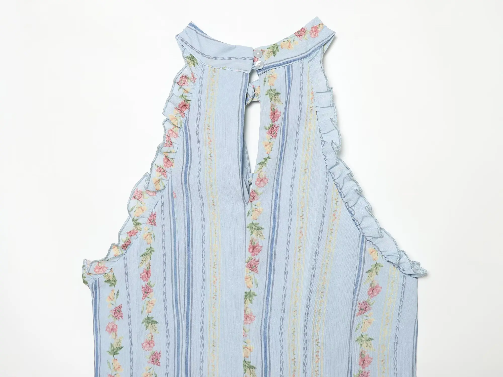 TFMLN Damen Blumenmuster Gestreiftes Neckholder-Kleid mit Rüschenbesatz, Schlüssellochausschnitt, Vordere Bindung, Ärmellos, Vintage Mini-Kleid, Strand- und Urlaubsoutfit, Sommer – Detail 9