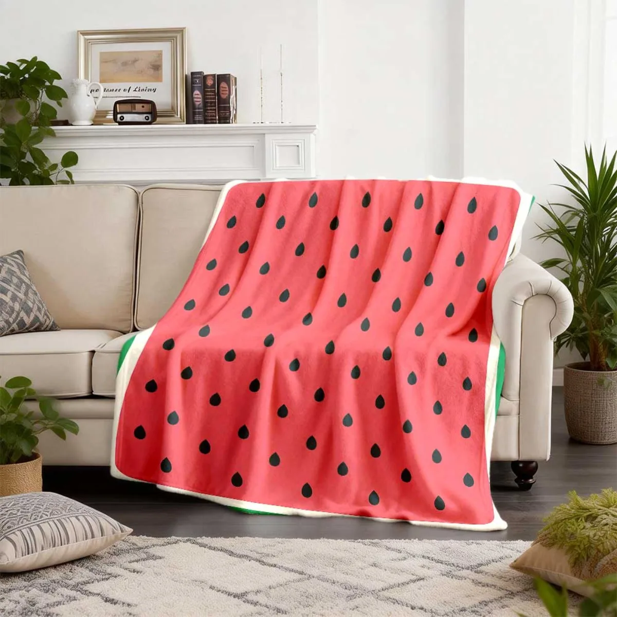 Summer Fresh Watermelon Pattern Warm Fleece Blanket, Soft Thick Fabric for Travel Couch Bed Camping Coldproof Daily Home Use
