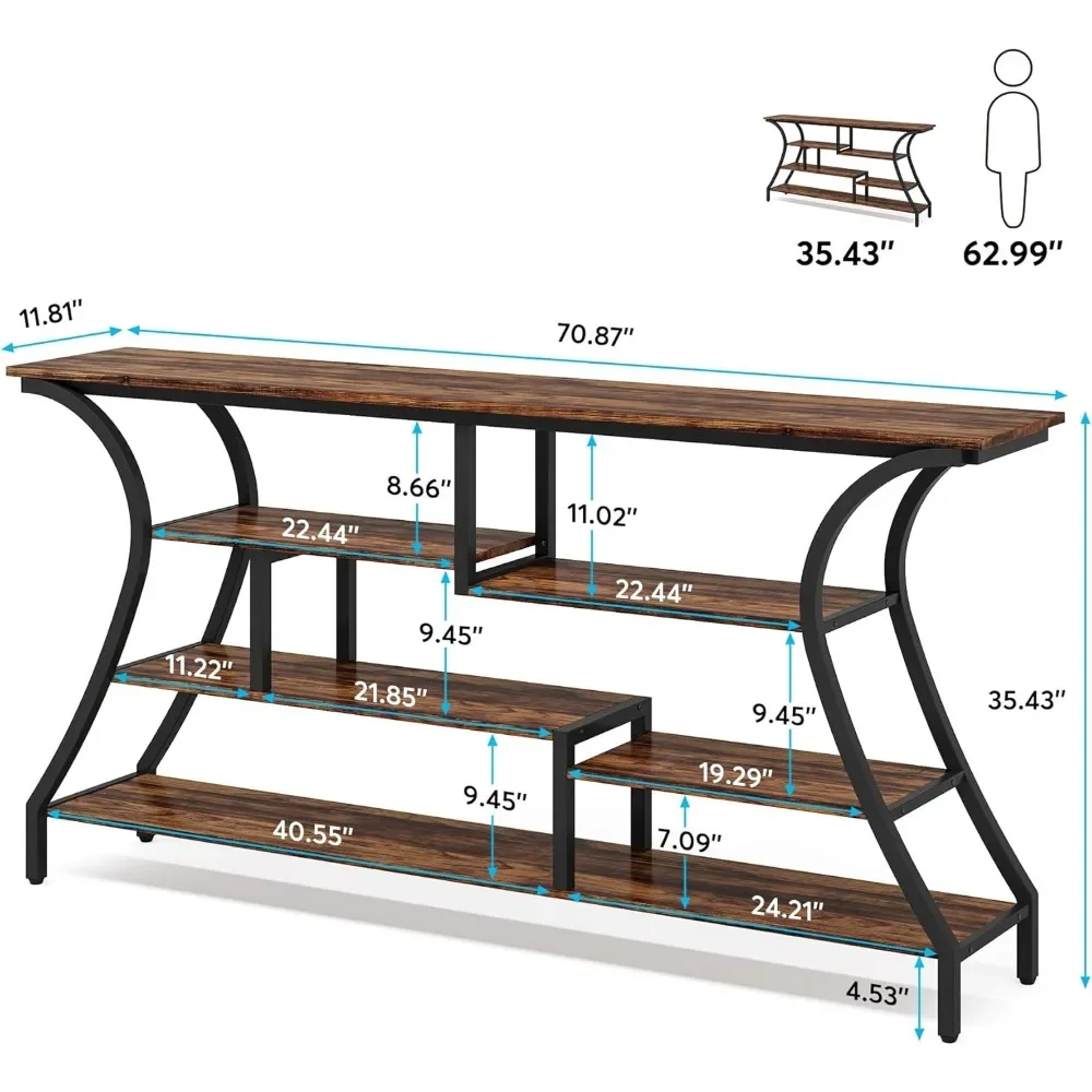 70.9 Inch Extra Long Console Table, Industrial Narrow Sofa Table with Storage Shelves, 4 Tier Entryway Table Behind Couch