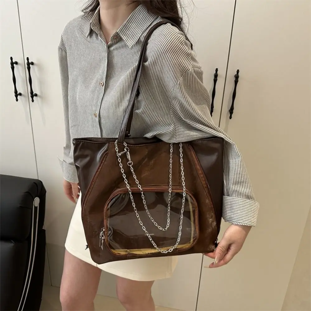 حقيبة يد إبداعية للطلاب، جيب أمامي شفاف، حقيبة كتف أنيقة ذات الاستخدام المزدوج، حقيبة ظهر نسائية خفيفة الوزن من جلد البولي يوريثان