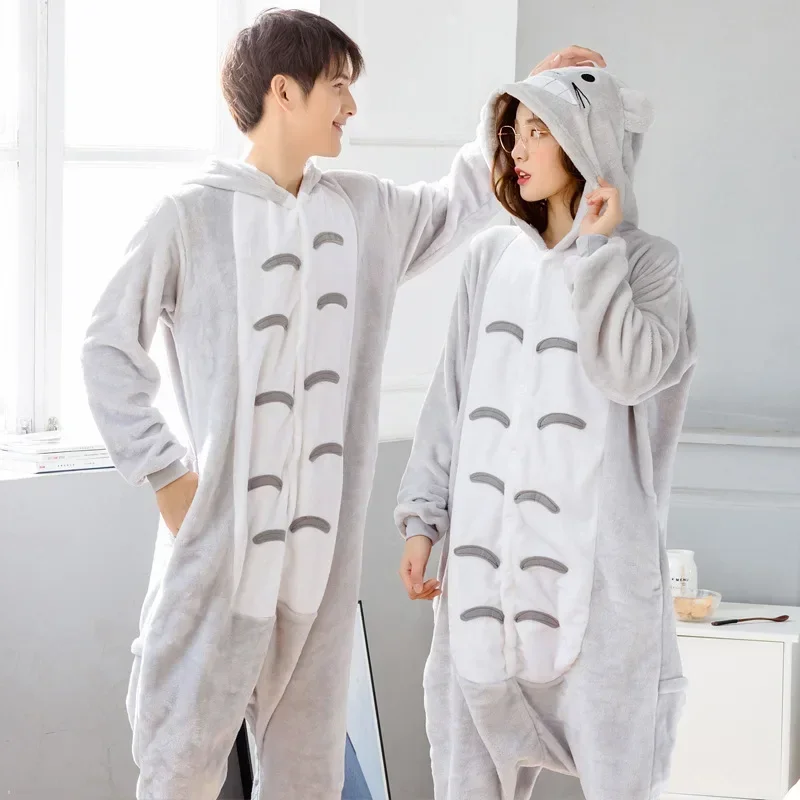 Adults Totoro Onesies Pajamas Set Cartoon Animal Winter Fleece Onesies Women Men Hooded Sleepwear Halloween Costume Homewear