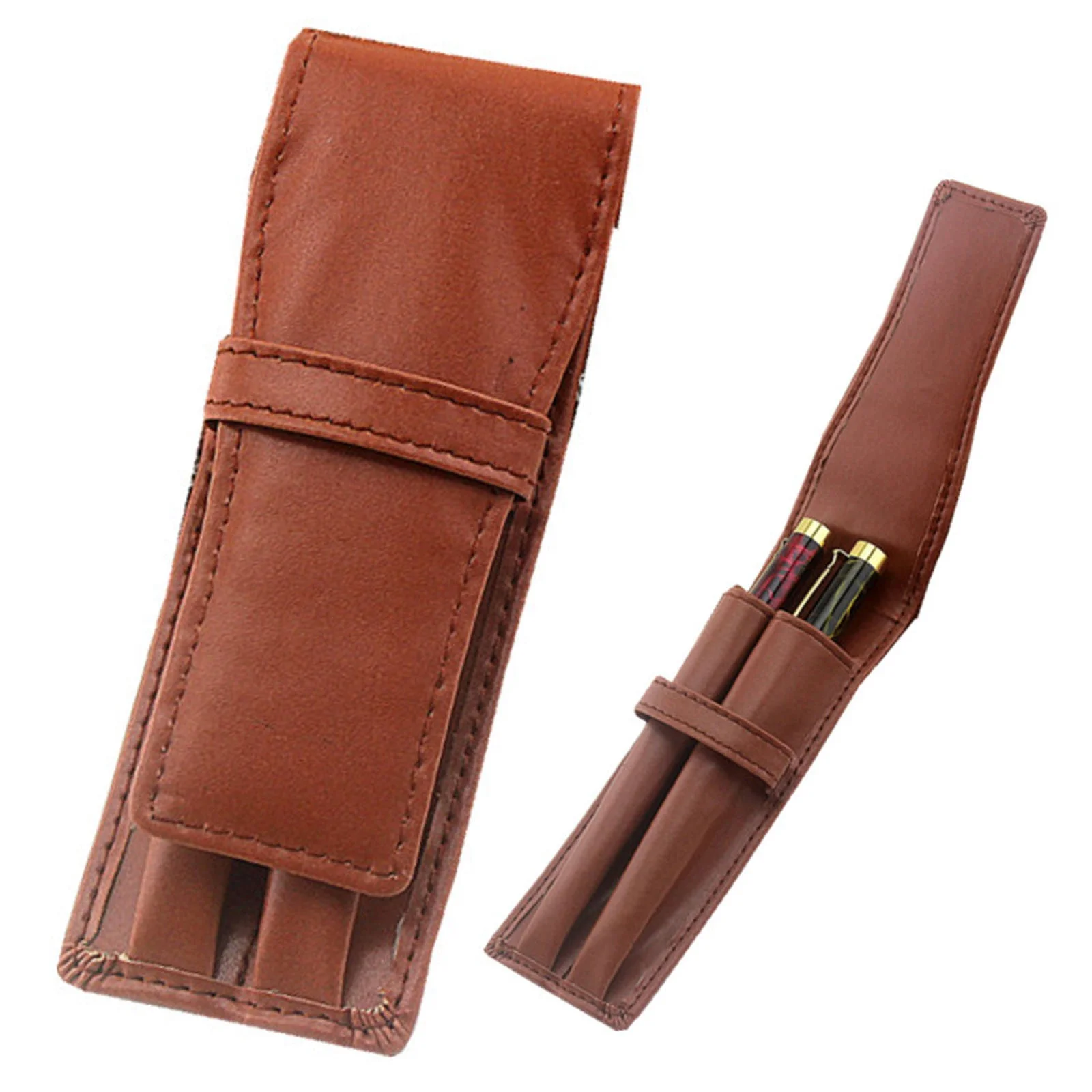 Leather Double Pen Case Coffee Genuine Top Washed Cowhide pen bags  pencil cases office business school stationery gifts