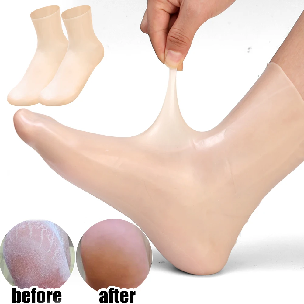 5 pares de silicone hidratante elástico pé meias anti rachaduras remover a pele morta reutilizáveis diy spa máscaras para os pés cuidados com ferramentas pedicure