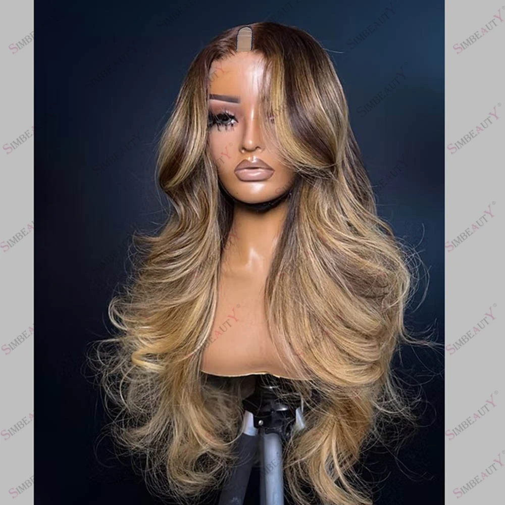 

Brown Human Hair Ombre Honey Cool Blonde Balayage Peruvian Human Hair V Part Wigs for Women Easy Wear Glueless Clips-In U Part