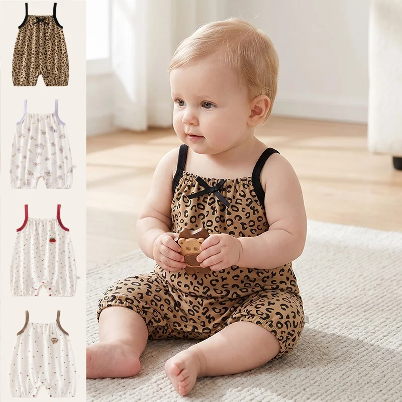 

Newborn Baby Girls Spaghetti Strap Jumpsuit Leopard Print 0-3Y Infant Romper Cotton Boys One Piece Summer Clothes