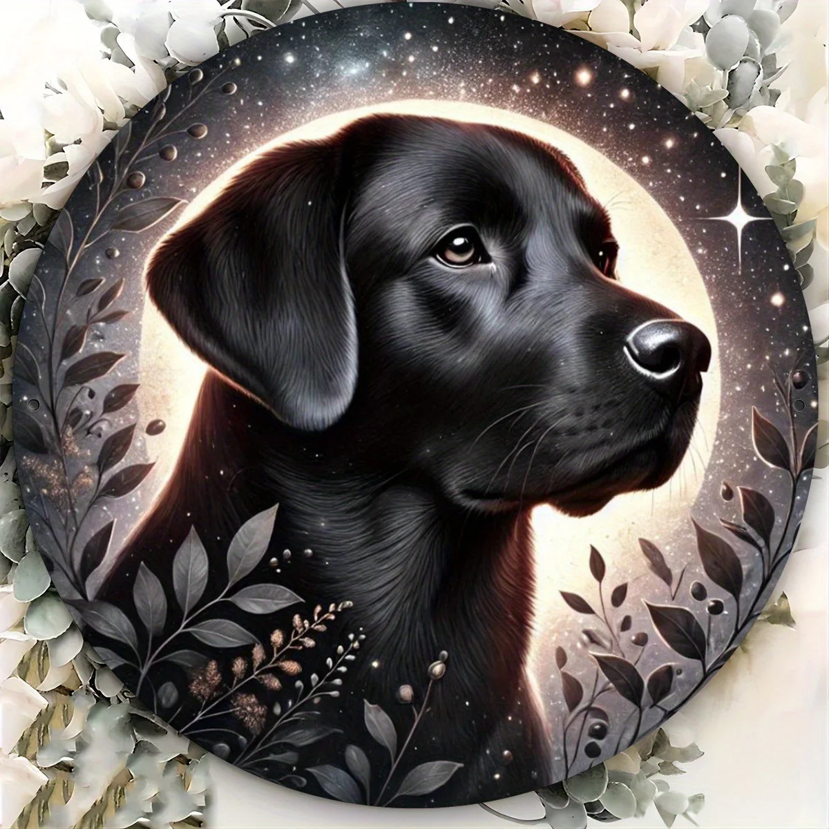 لوحة فنية جدارية معدنية مستديرة مقاس 7.8 بوصة من اللابرادور والقطط باللون الأسود الساحر - تصميم السماء الليلية المرصعة بالنجوم، مثالية للمنزل والحديقة والمطبخ والبار، كاليفورنيا #4